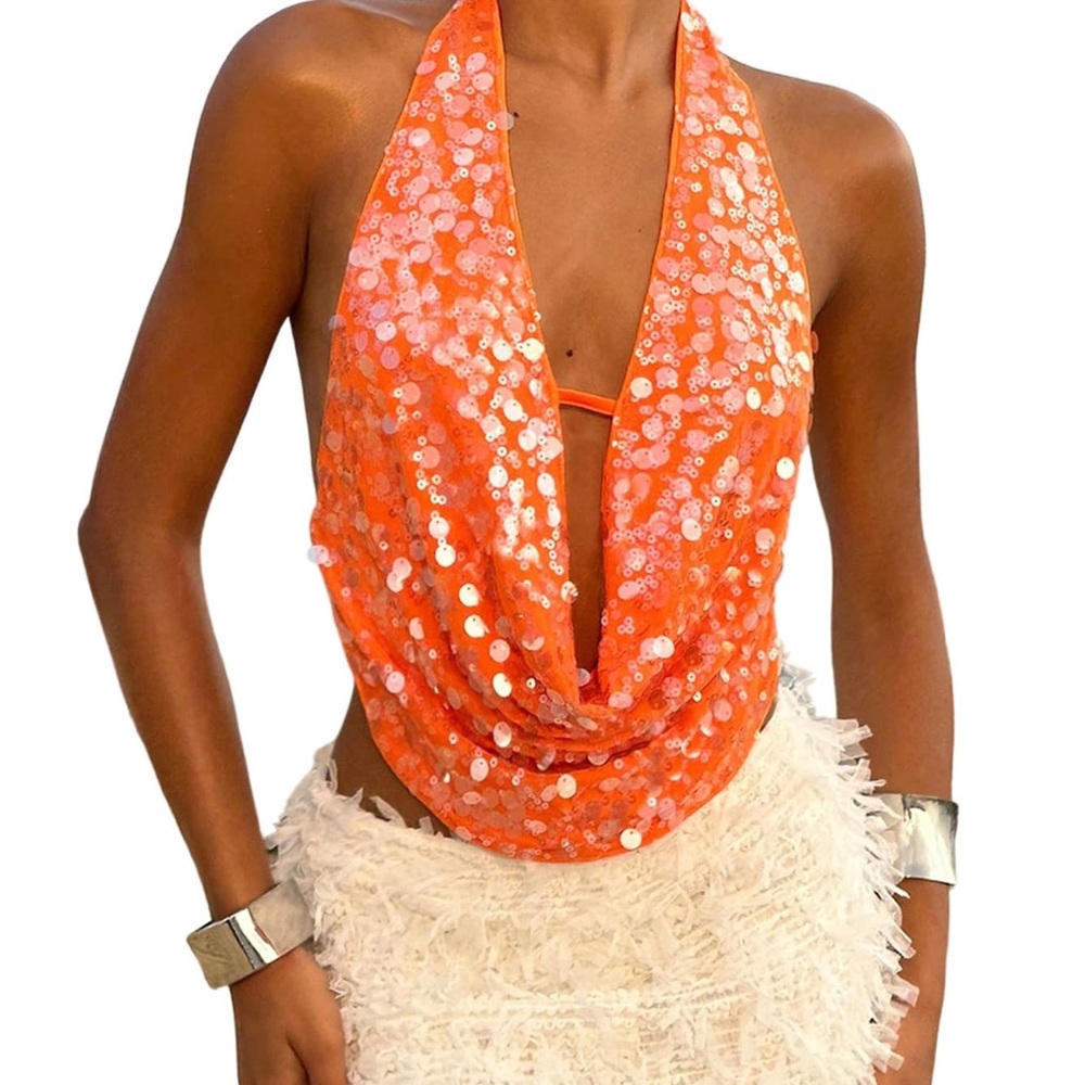 NWT SOLY HUX Orange Sequin Plunging Halter Crop Top